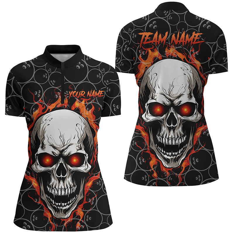 Red Flame Skull Women's Bowling Quarter Zip Shirt I5246