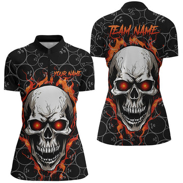 Red Flame Skull Women's Bowling Quarter Zip Shirt I5246