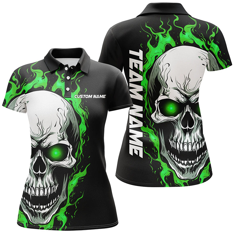 Green Flame Skull Bowling Polo Shirt for Women I5269