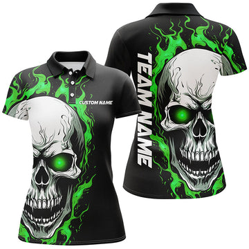 Green Flame Skull Bowling Polo Shirt for Women I5269
