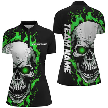 Green Flame Skull Women's Bowling Quarter Zip Jersey I5269