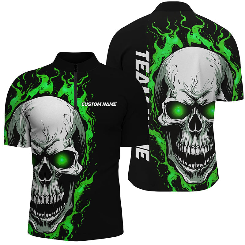 Green Flame Skull Bowling Quarter Zip Shirts for Men I5269
