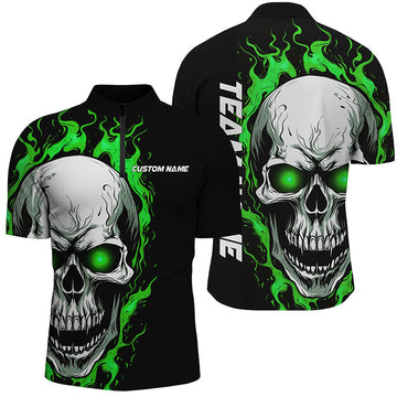 Green Flame Skull Bowling Quarter Zip Shirts for Men I5269