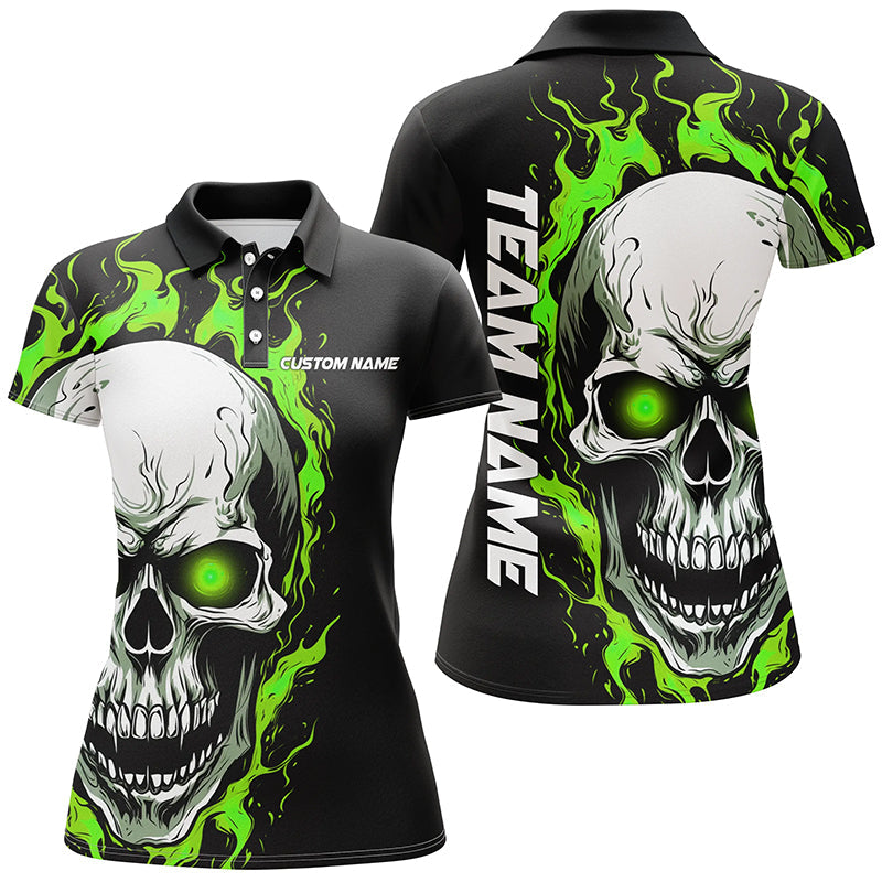 Green Flame Skull Bowling Polo Shirt for Women I5270