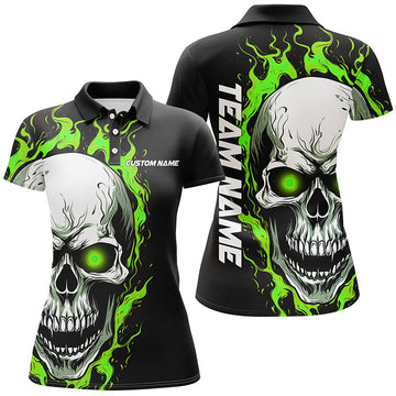 Green Flame Skull Bowling Polo Shirt for Women I5270