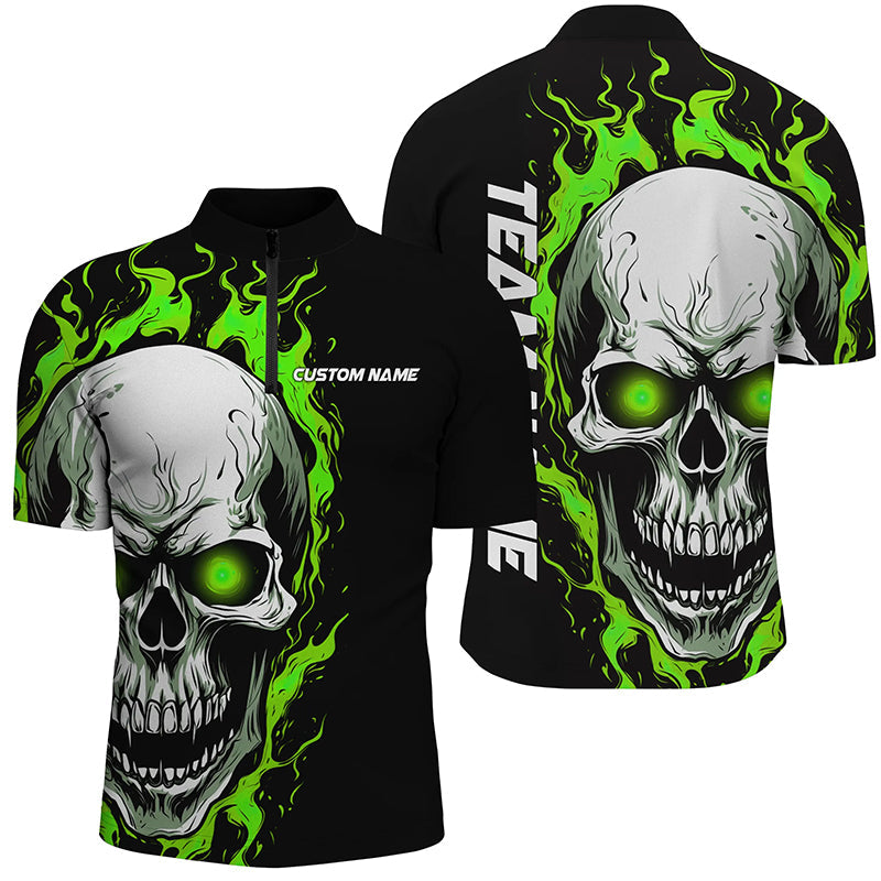 Green Flame Skull Bowling Quarter Zip Jerseys for Men I5270