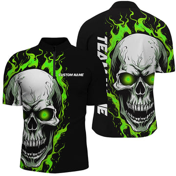 Green Flame Skull Bowling Quarter Zip Jerseys for Men I5270