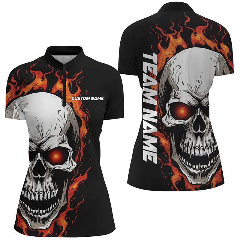 Orange Flame Skull Women's Bowling Quarter Zip Jersey I5272