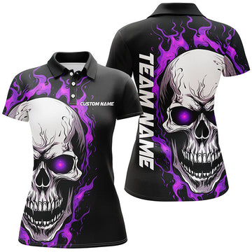Women's Purple Flame Skull Bowling Polo Shirt I5273