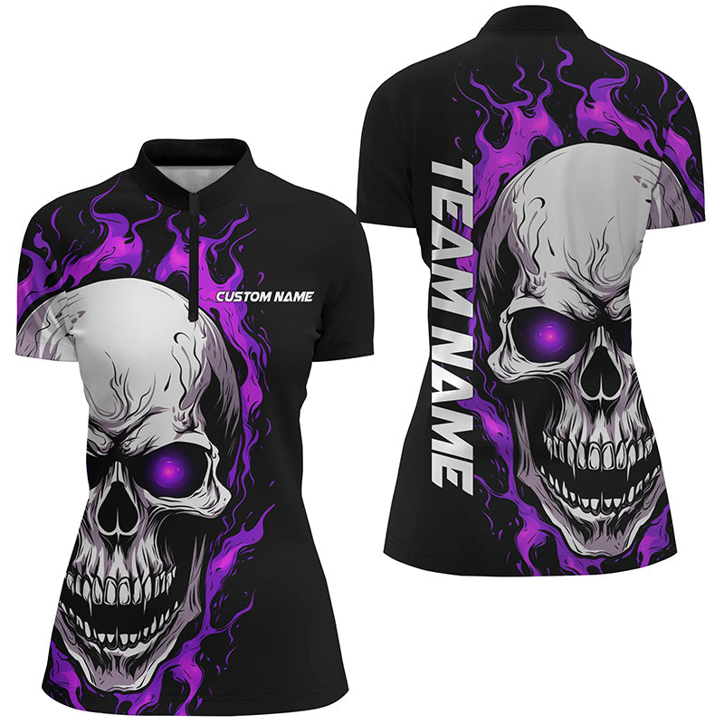 Women's Purple Flame Skull Bowling Quarter Zip Jersey I5273