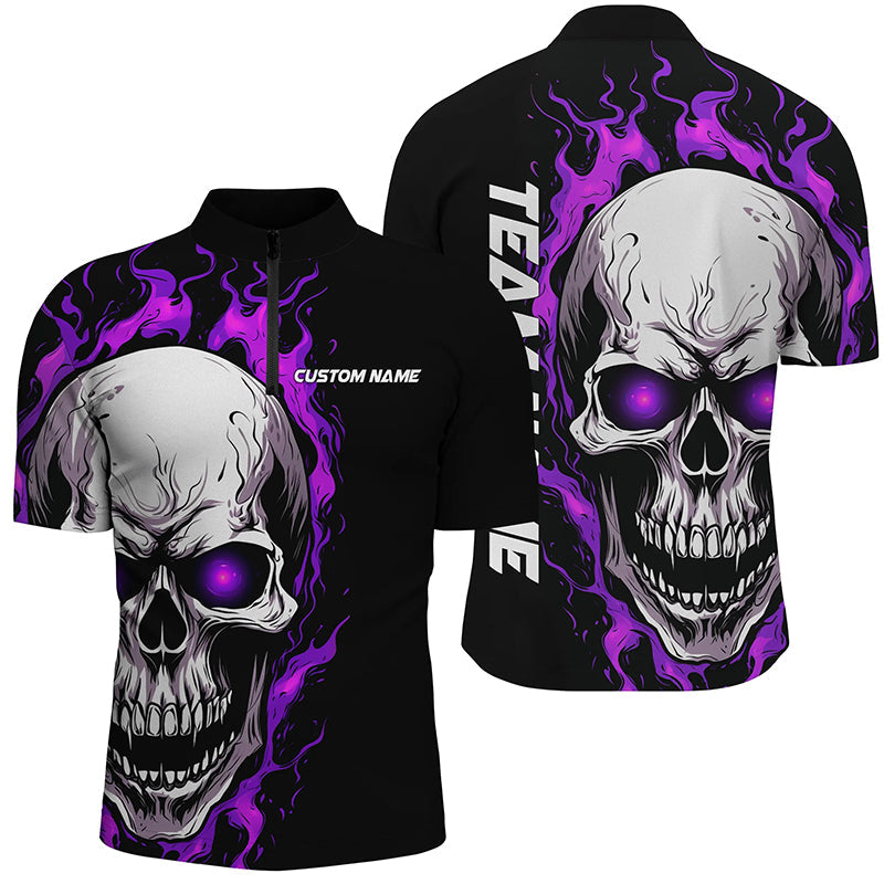Purple Flame Skull Bowling Quarter Zip Jerseys for Men I5273