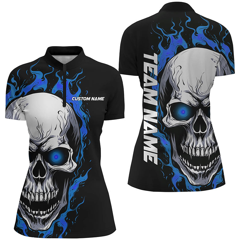Blue Flame Skull Women's Bowling Quarter Zip Jersey I5274
