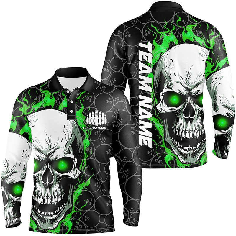 Men's Long Sleeve Bowling Shirt - Custom Green Flame Skull I5008