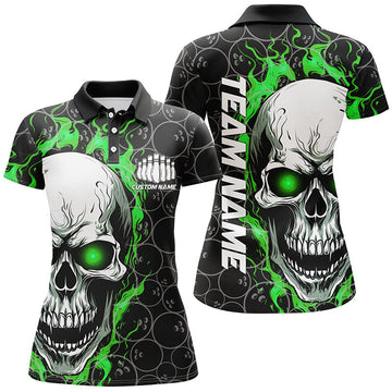 Women's Green Skull Bowling Shirt with Custom Team Name I5008