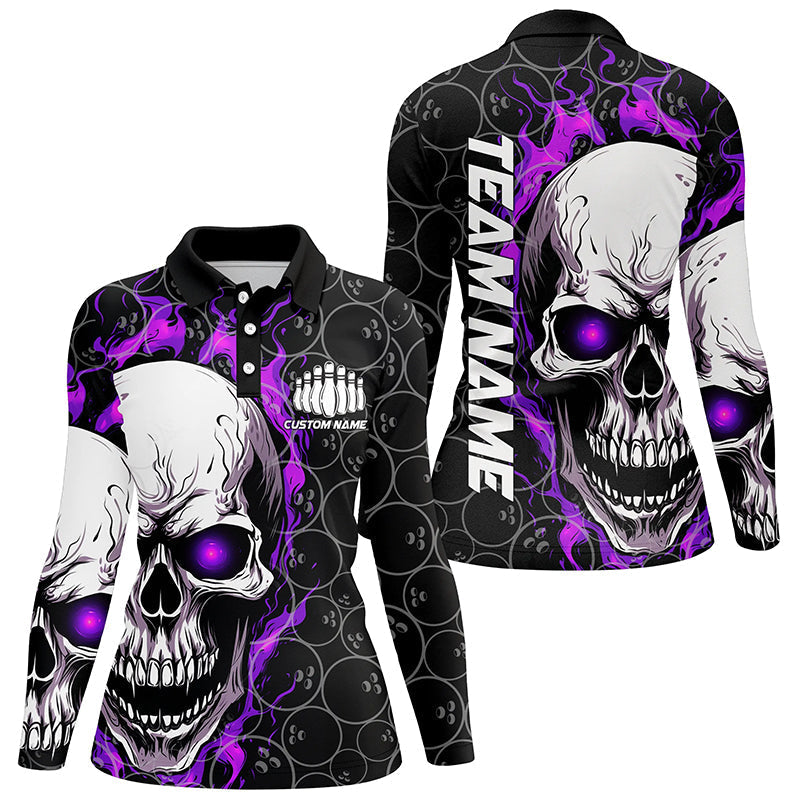 Women's Long Sleeve Purple Flame Skull Bowling Shirt I5009