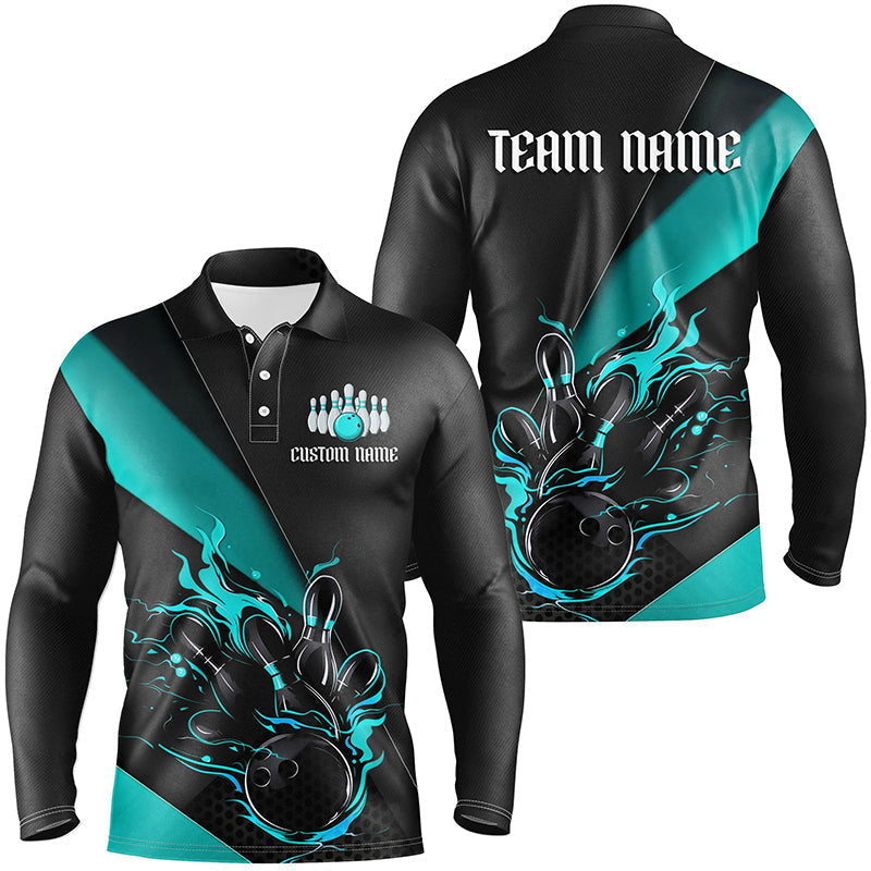 Men's Long Sleeve Custom Flame Bowling Shirt - Blue/Black I6186
