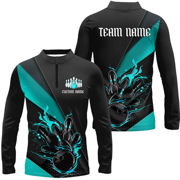 Men's Long Sleeve Blue & Black Flame Bowling Shirt I6186