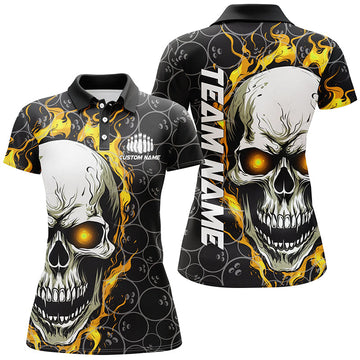 Women's Yellow Flaming Skull Bowling Shirts I5148