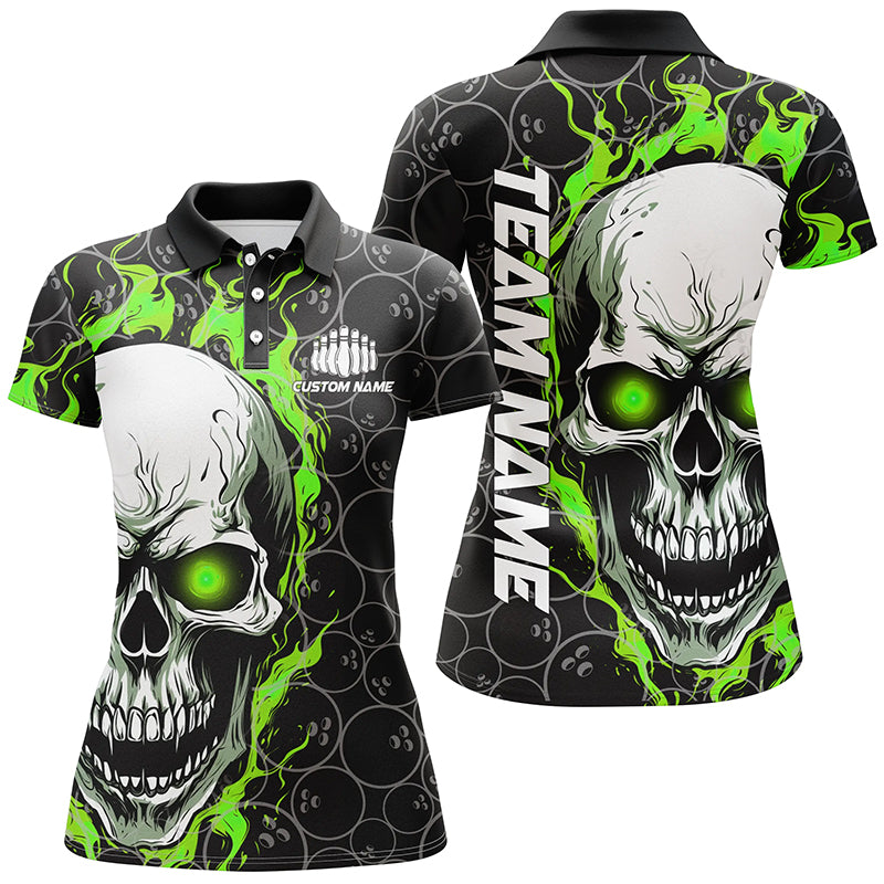 Women's Green Halloween Bowling Shirts - Custom Flaming Skull I5149