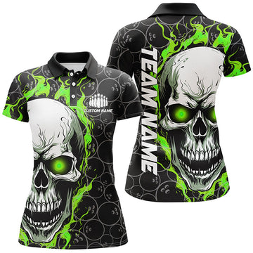 Women's Green Halloween Bowling Shirts - Custom Flaming Skull I5149