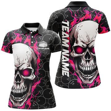Women's Pink Flaming Skull Bowling Shirts - Halloween Jerseys I5150