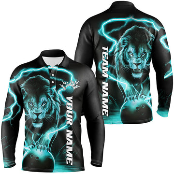 Men's Blue Long Sleeve Lion Bowling Shirt I6777