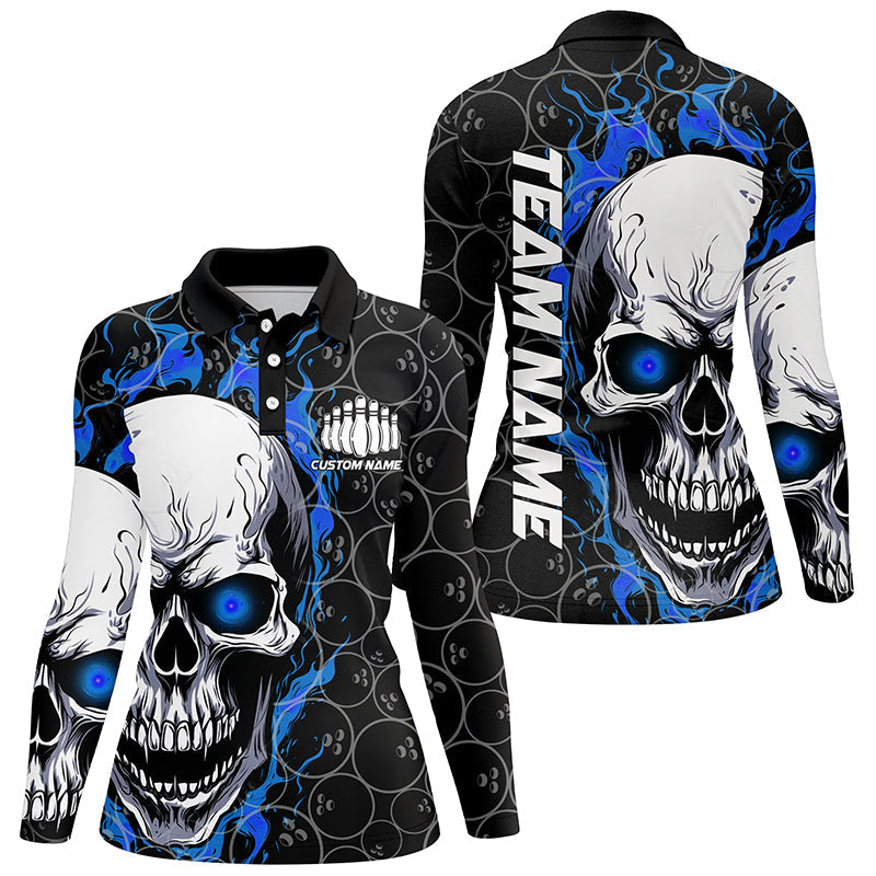 Women's Long Sleeve Blue Flame Skull Bowling Shirt I5103