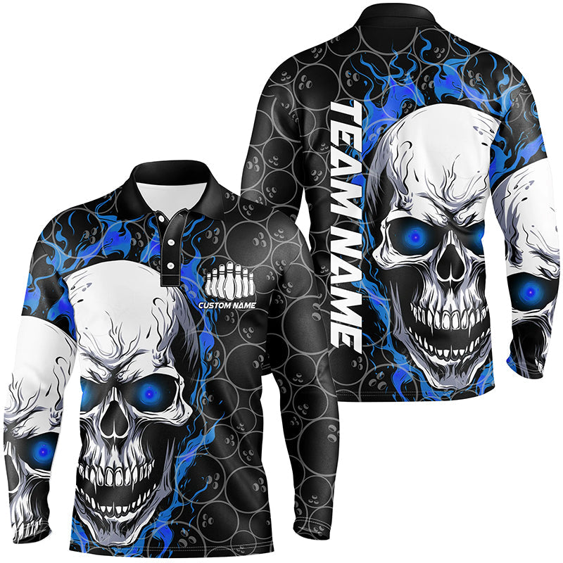 Men's Long Sleeve Blue Flame Skull Bowling Shirt I5103