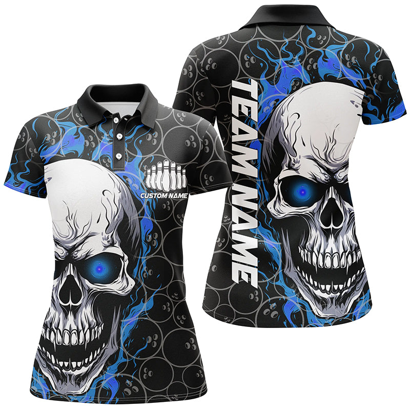 Women's Blue Skull Bowling Shirt with Custom Team Name I5103