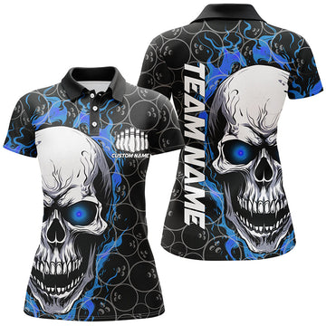 Women's Blue Skull Bowling Shirt with Custom Team Name I5103