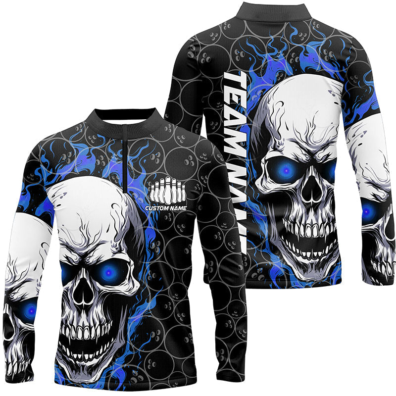 Men's Long Sleeve Blue Flame Skull Bowling Shirt I5103