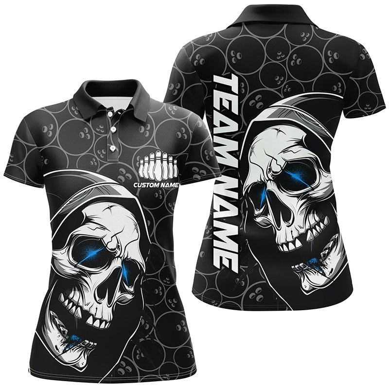 Personalised Blue Halloween Skull Bowling Shirt for Women I7078