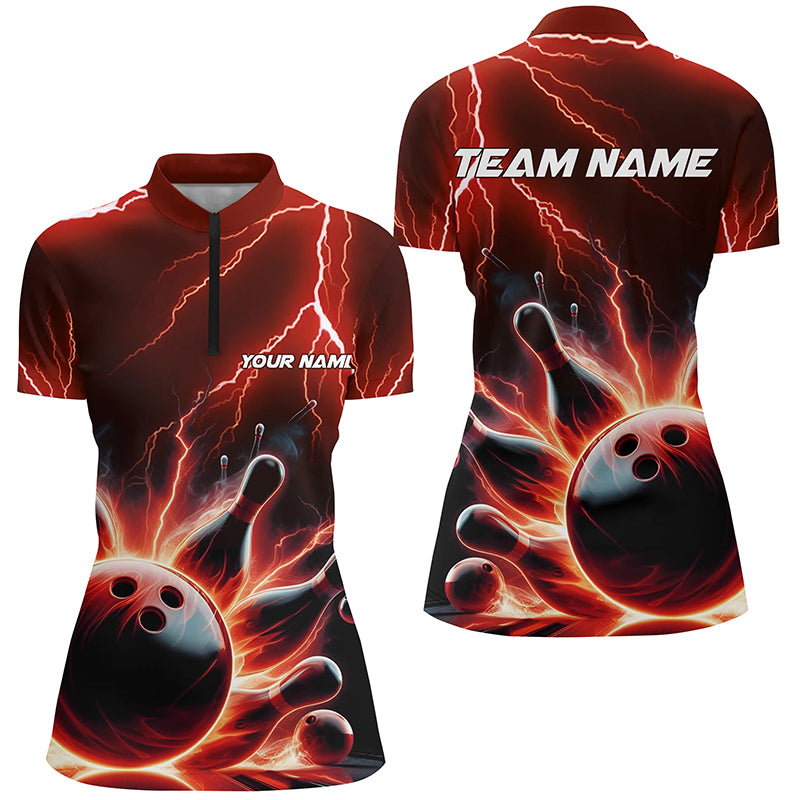 Women's Red Bowling Quarter Zip Shirt - Thunder Lightning Strike Team I5404
