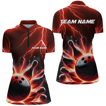 Women's Red Bowling Quarter Zip Shirt - Thunder Lightning Strike Team I5404