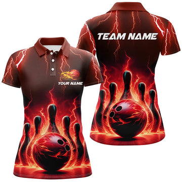 Women's Red Bowling Polo Shirt - Thunder Lightning Team Jersey I5407