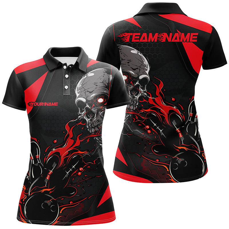 Women's Black & Red Flame Bowling Shirt - Halloween Skull Design I7088