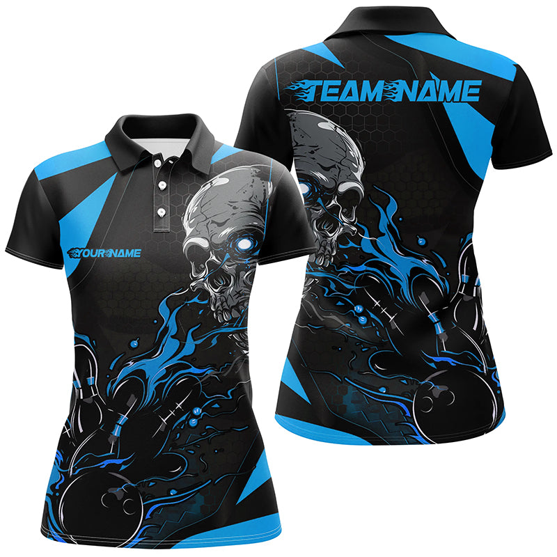 Black & Blue Flame Ladies Bowling Shirt - Halloween Skull Design I7089
