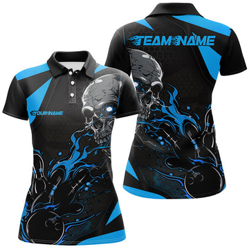 Black & Blue Flame Ladies Bowling Shirt - Halloween Skull Design I7089