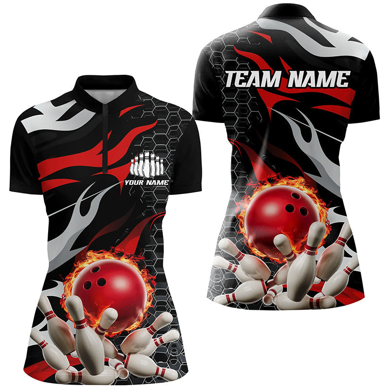 Red & Black Flame Bowling Quarter Zip Shirt for Women I6789