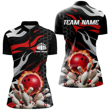 Red & Black Flame Bowling Quarter Zip Shirt for Women I6789