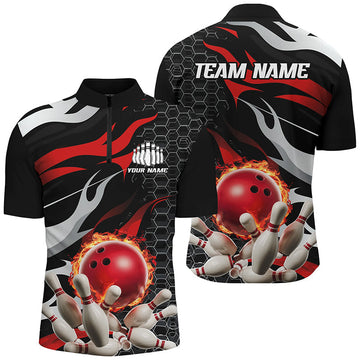Men's Red & Black Flame Bowling Quarter Zip Shirt I6789