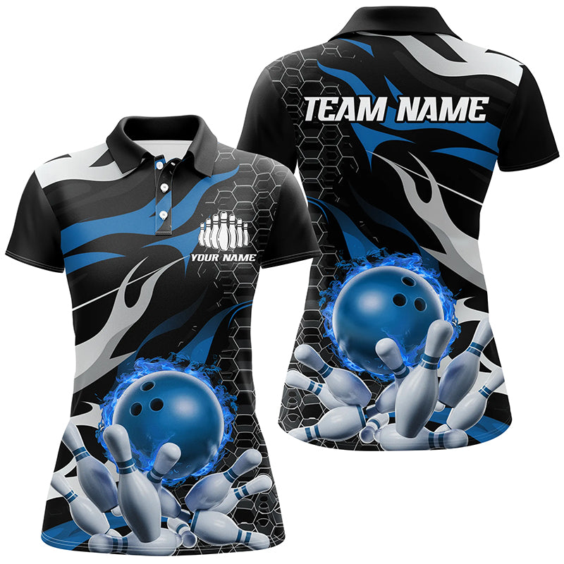 Women's Custom Flame Bowling Shirts - Blue/Black I6790
