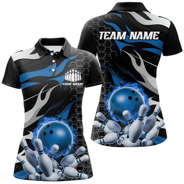 Women's Custom Flame Bowling Shirts - Blue/Black I6790