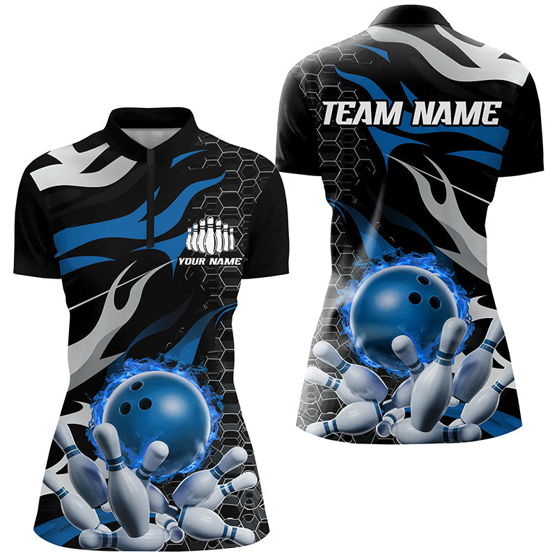 Women's Blue & Black Flame Bowling Quarter Zip Shirt I6790