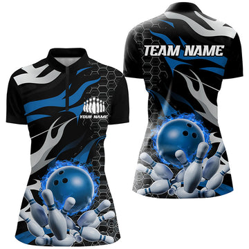 Women's Blue & Black Flame Bowling Quarter Zip Shirt I6790