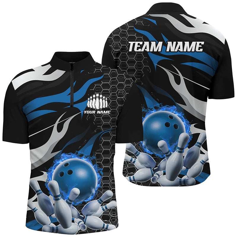 Blue/Black Custom Flame Bowling Quarter Zip Shirt for Men I6790