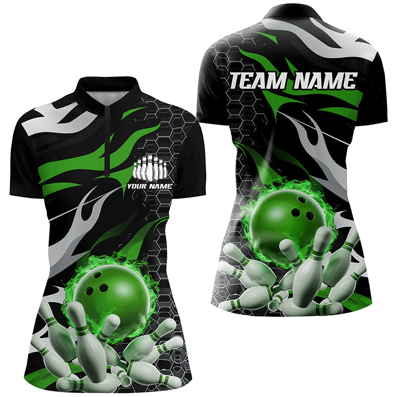 Women's Green & Black Flame Bowling Quarter Zip Shirt I6791