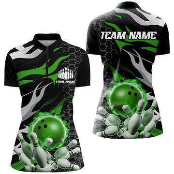 Women's Green & Black Flame Bowling Quarter Zip Shirt I6791