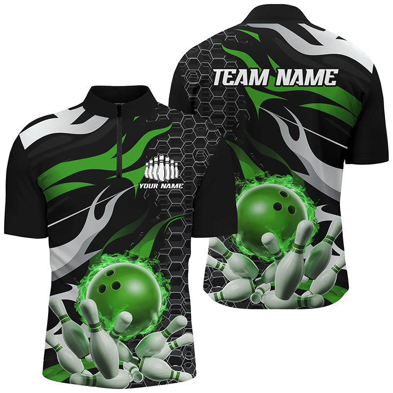 Men's Green & Black Flame Bowling Quarter Zip Shirt I6791