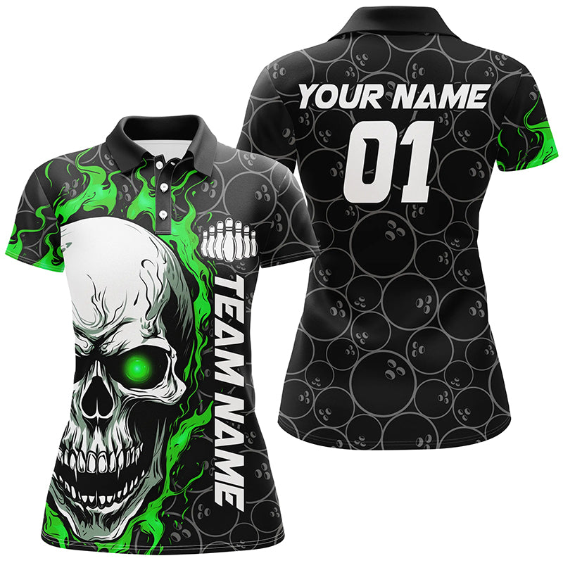 Custom Green Flame Skull Halloween Ladies Bowling Shirt I7102